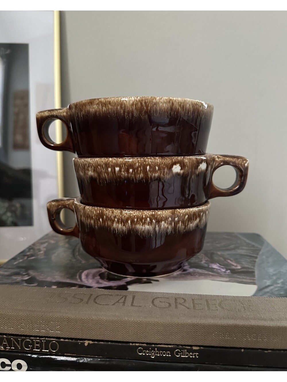 Set of 3 Vintage Hull Pottery Brown Drip Glaze Soup Mugs Oven Safe Made In USA